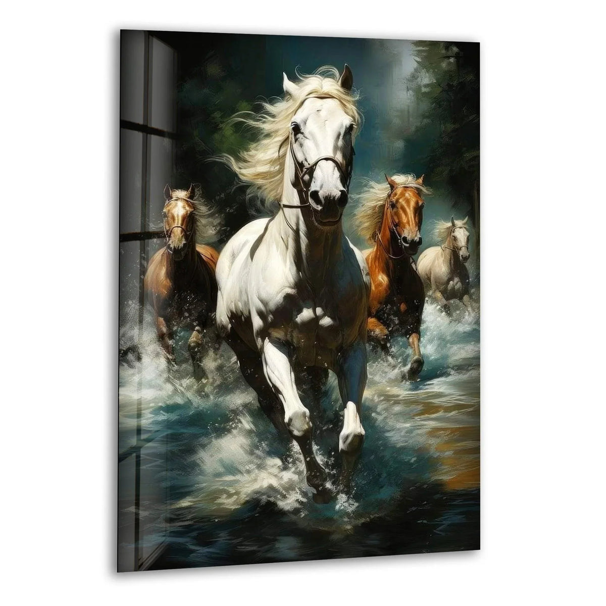 A white horse and brown horses transition from dark forest greens to watery blues in this captivating glass wall art decor.