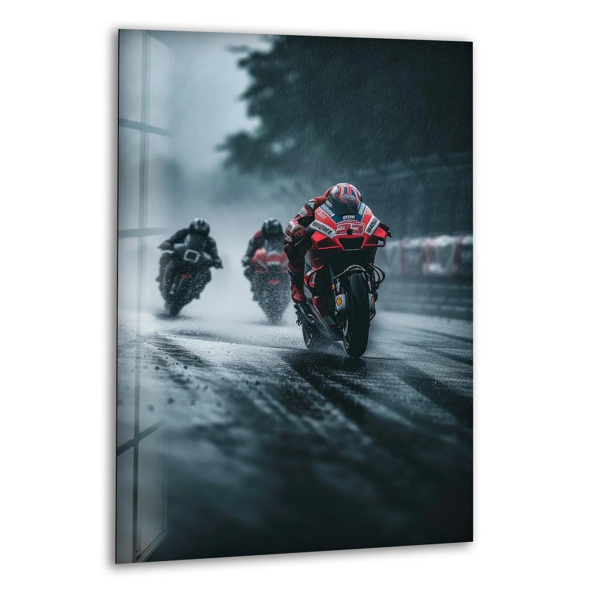 The brightest area highlights the red racing motorcycle as a vibrant focal point in this foggy motorcycle racing glass art painting.