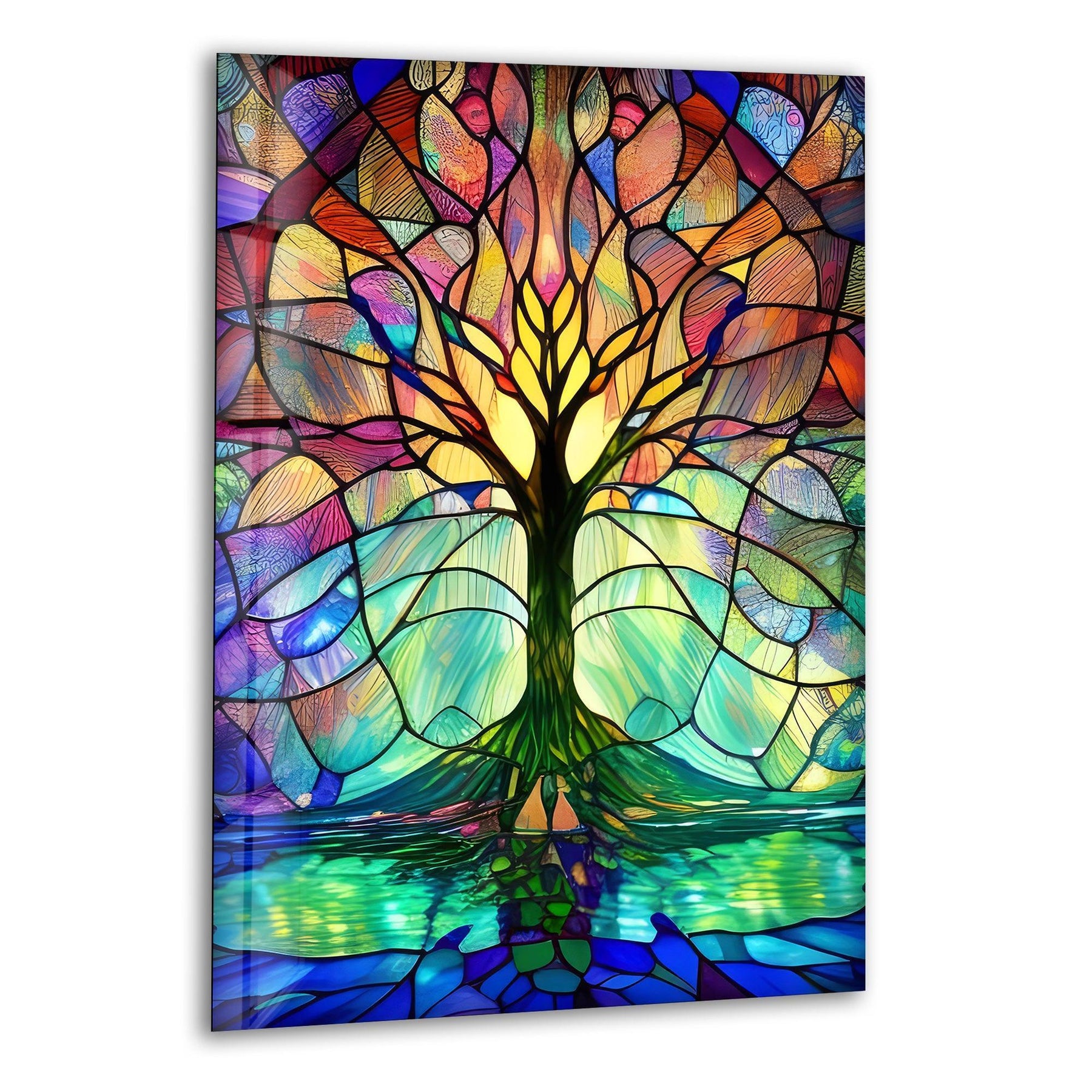 A vibrant stained tree of life glass art piece displays intricate layers and depths of rich, jewel-toned colors.
