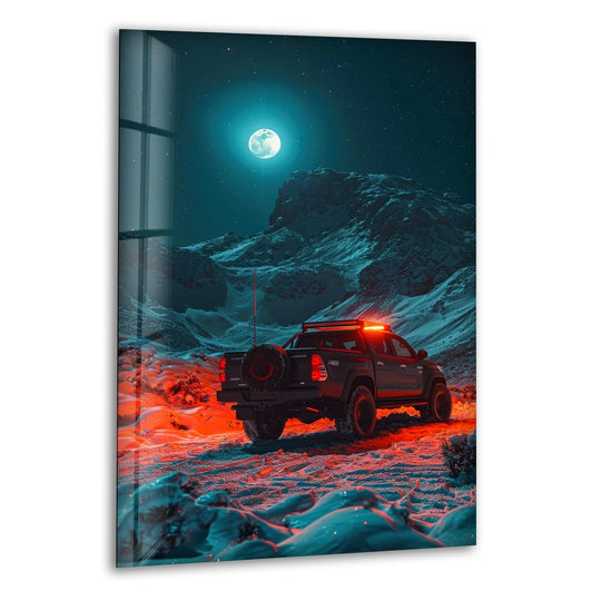 High-quality glass wall art featuring an off-road adventure under the moonlight.
