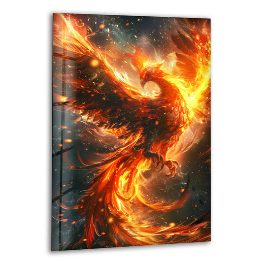 A stunning phoenix bursts aflame on this glossy, unique modern wall decor.