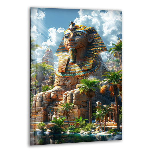 Highlighting the abstract quality, the Giant Sphinx shimmers in this glass wall artwork, its colossal form emerging as a testament to time, light, and stunning composition.