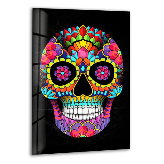 A colorful floral skeleton face depicted on vibrant glass wall artwork with intricate patterns.