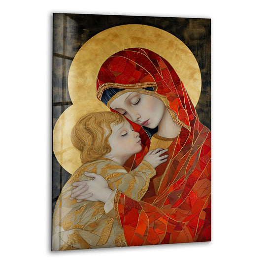 Lady and Jesus Glass Wall Art featuring red and gold tones showcasing Christian art and sacred home decor