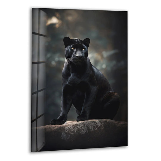 A black puma's glossy fur transitions to smoky grays and dark forest greens in this striking glass art.
