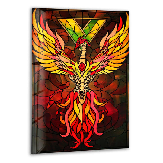 Skeleton bones of a phoenix glass wall art prints with layered depth showcase a striking, fiery design behind the glass.
