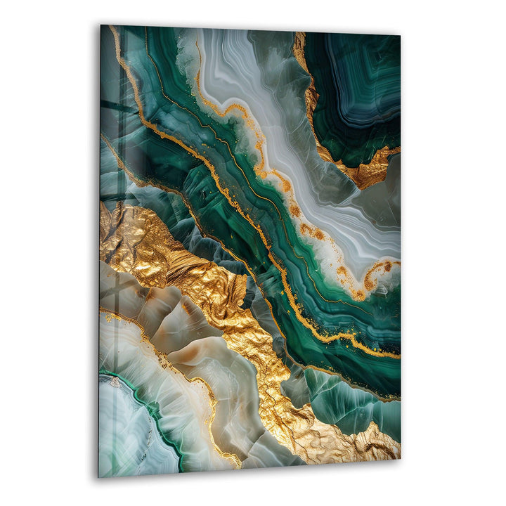 Wandkunst aus grün-goldenem Marmor und Geode-Glas