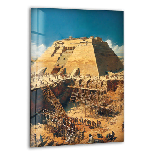 Glass wall art depicting the construction of an ancient pyramid in stunning detail.
