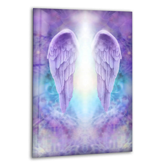 This glass wall art features shimmering purple angel wings on a stunning, high-quality print for a divine aesthetic.