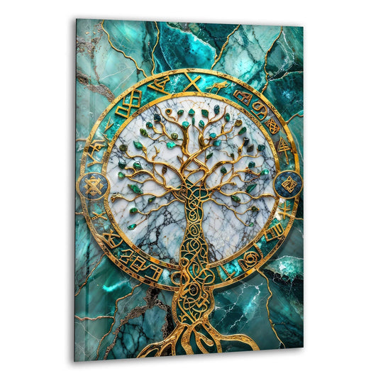 Emerald veined marble background enhances this striking glass wall art decor with intricate golden accents.