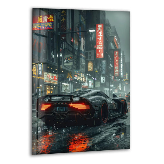 Detailed surface texture defines this ultra realistic city view glass wall artwork, with the reflective sheen of rain highlighting every detail.