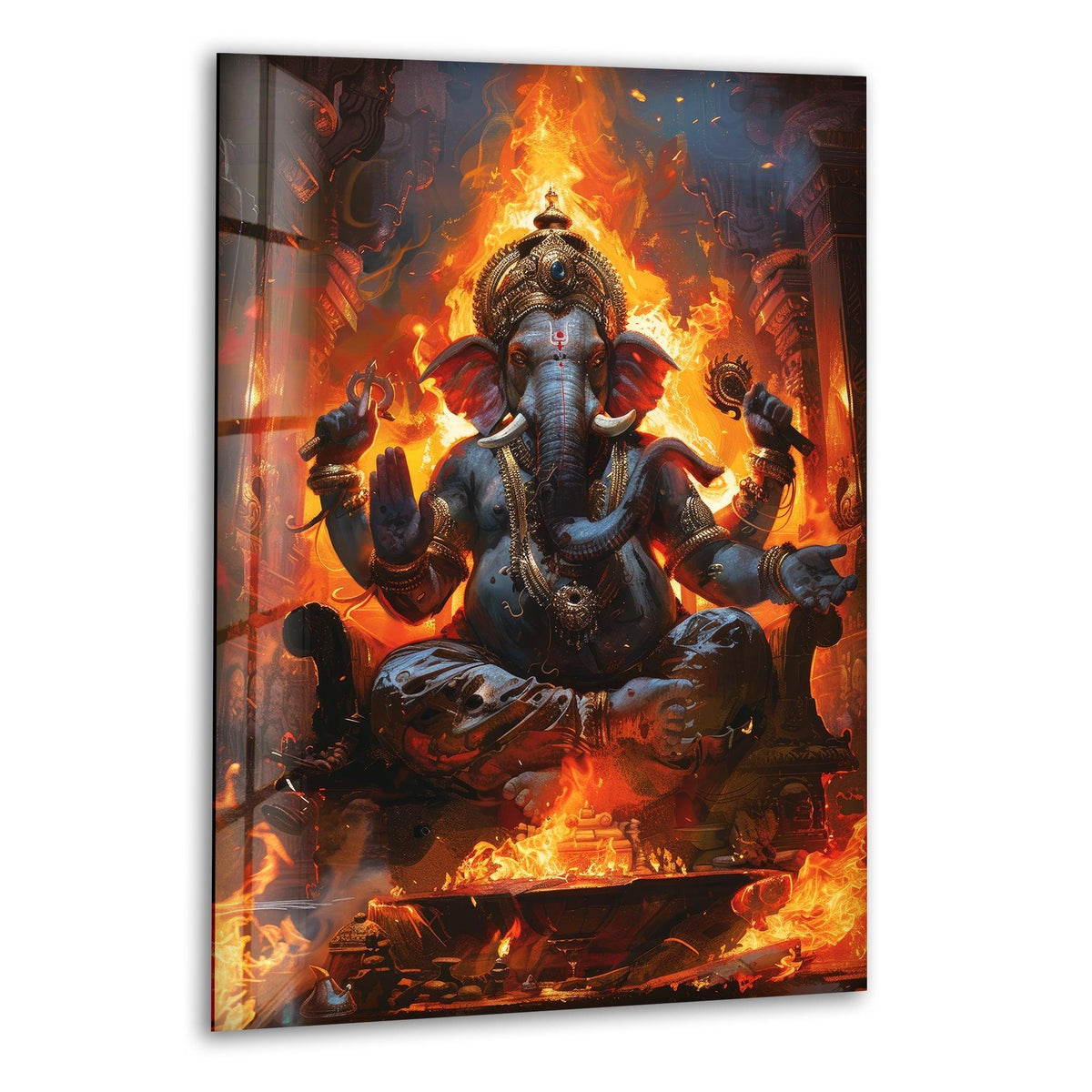 Fiery foreground detail highlights the radiant Ganesha with Fire glass art painting, exhibiting intricate designs and vibrant hues in this tempered glass wall art.