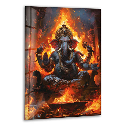 Religion glass wall art with fire motif displays vibrant Hindu artwork and Ganesha with fire art for spiritual wall decor