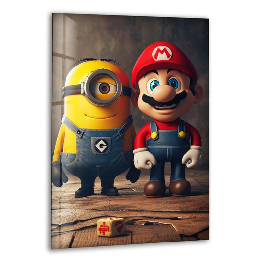 Alternating character heights and shapes create a delightful visual rhythm in this classic game duo character style glass art painting.