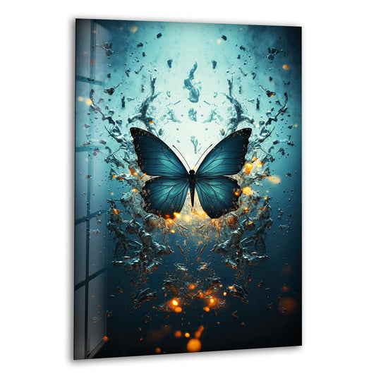 A delicate blue morpho butterfly emerges from swirling, icy shards in this ethereal glass art.