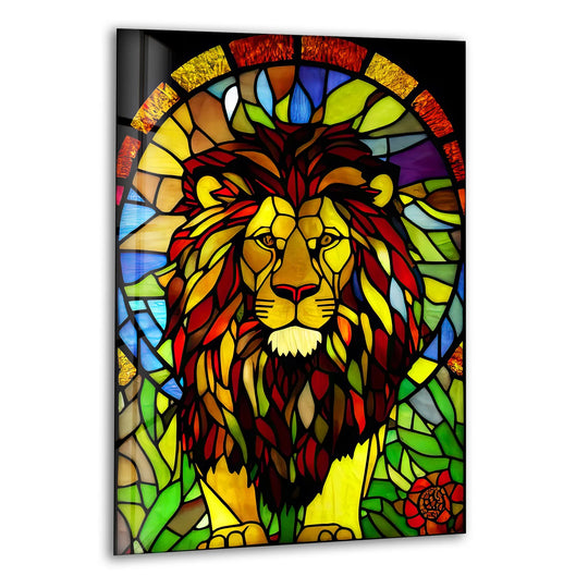Stained Glass Lion Wall Art – Majestic Glass Print with Regal Colorful Mane for Bold Spiritual or Safari-Inspired Interiors - MyPhotoStation