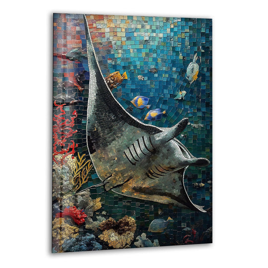 An abstract mosaic of a stingray and fish swims through a blue ocean, offering unique modern wall decor.