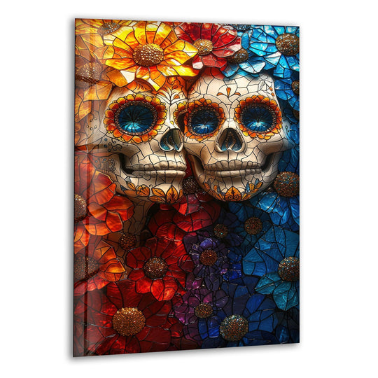 Sugar skull print wall art features soft, luminous stained-glass floral petals in a gradient of warm oranges to cool blues.