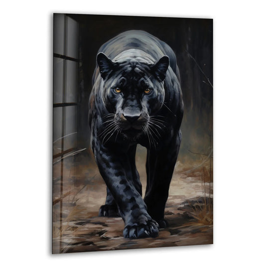 A powerful black panther stalks forward, its muscular form conveying a sense of primal movement in this striking print wall art.