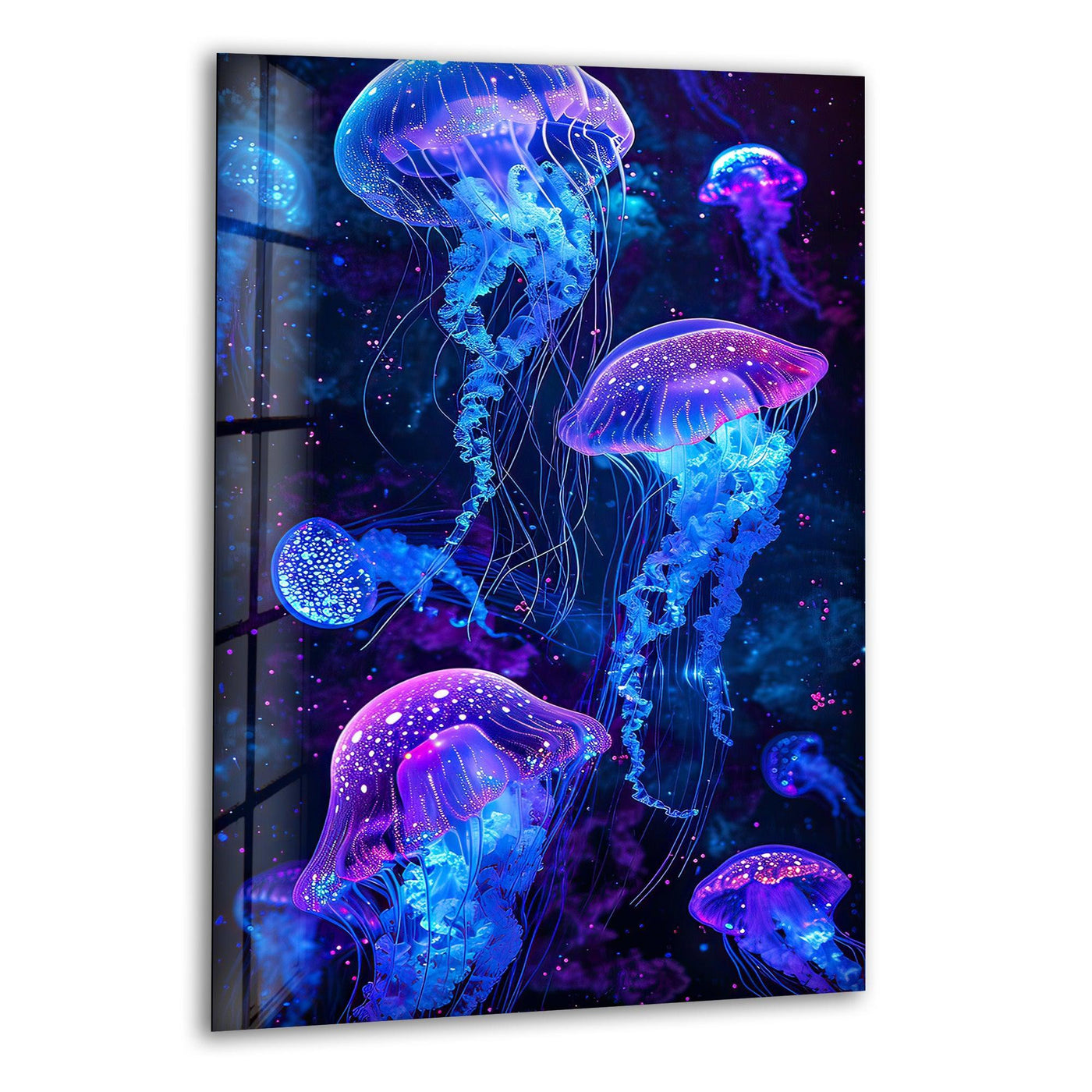 Luminous jellyfish gleam on this glass art painting, showcasing the vibrant quality of the tempered glass print.