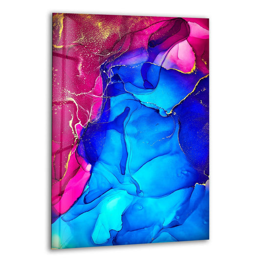 Vivid pink alcohol ink swirls with sapphire blue and gold accents in this detailed art from glass.