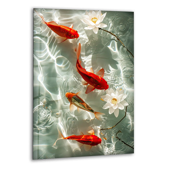 Stillness permeates this glass wall art decor featuring orange koi fish and serene white lotus flowers.