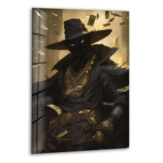 A mysterious figure in a wide-brimmed hat with glowing green eyes is surrounded by falling geometric dollar bills, an enigmatic scene ideal for glass printing.