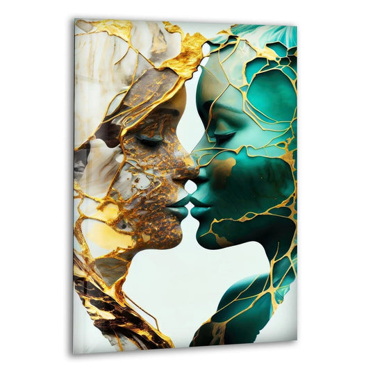 Abstract dark golden and green swirls define this unique modern wall decor of two faces embracing.