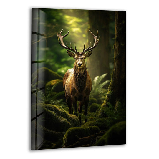 A majestic stag stands in a forest bathed in warm, golden light, a stunning piece of decorative wall art.