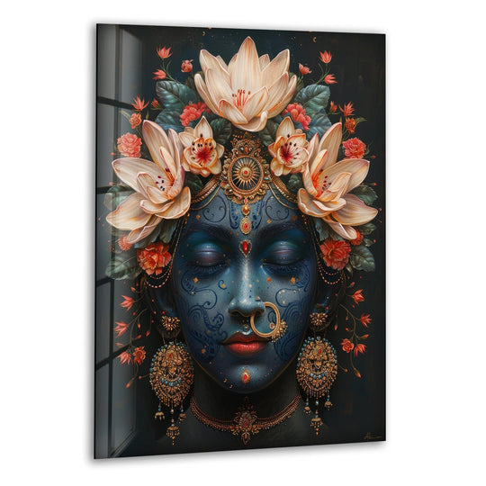 Incredibly realistic detail highlights the exquisite glass art painting of Goddess Durga, a religious artwork featuring vibrant colors and intricate details of her jewelry and lotus headdress.