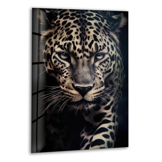 Leopard portrait on glass printing shows a stark dark background with blurred cage bars.