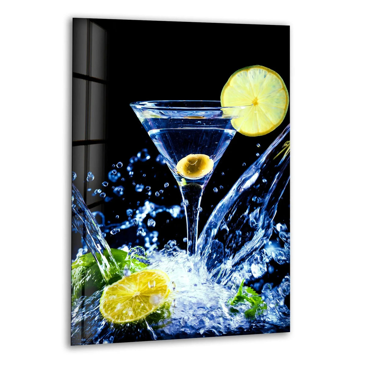 Brilliant color contrast defines this cocktail drinks glass print wall art, set against a black background, emphasizing vibrant splashes of blue water and bright citrus accents.