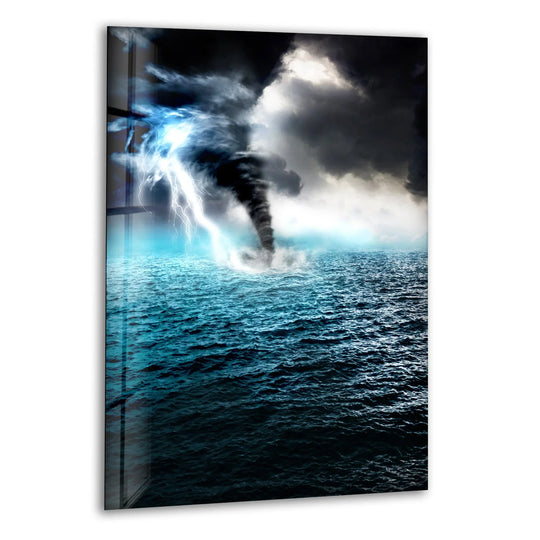 Central subject of the glass Lightning Storm On Sea, a powerful demonstration of nature, is a stunning print wall art piece.