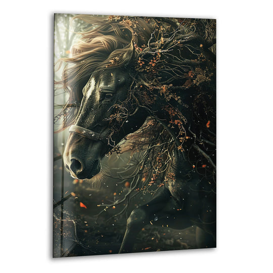 The loudest element is the majestic black horse's flowing mane and intricate vine-like adornments on this art from glass.