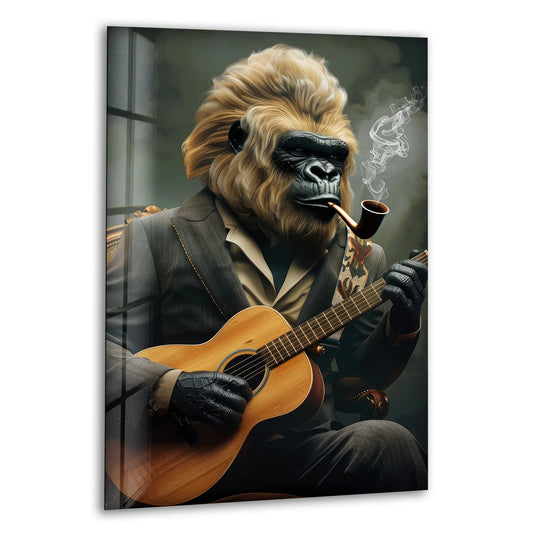 A thoughtful gorilla with a soft blonde mane, wearing a suit and smoking a pipe, plays his guitar as home decoration.