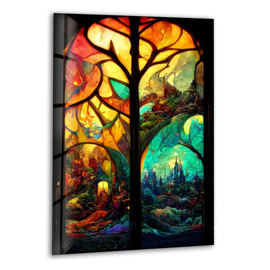 Castle and forest stained glass wall art shows a stained glass window fantasy decor and forest wall art with vivid colors and magic