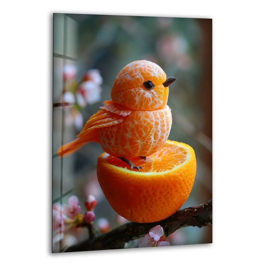 The tangerine bird glass wall art features a delicate arrangement of orange peel to create a whimsical bird, framed by the clear, clean edges of the art from glass.