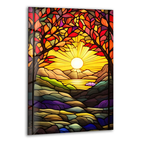 Stained Glass Sunset Wall Art – Colorful Landscape Glass Print with Trees, Sun, and Mountains for Artistic Nature-Inspired Interiors - MyPhotoStation