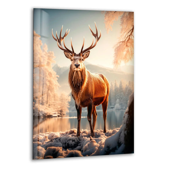 Majestic deer stands by a serene lake amidst snow-dusted trees, complemented by soft, warm light and distant mountains, as part of this hanging wall art.