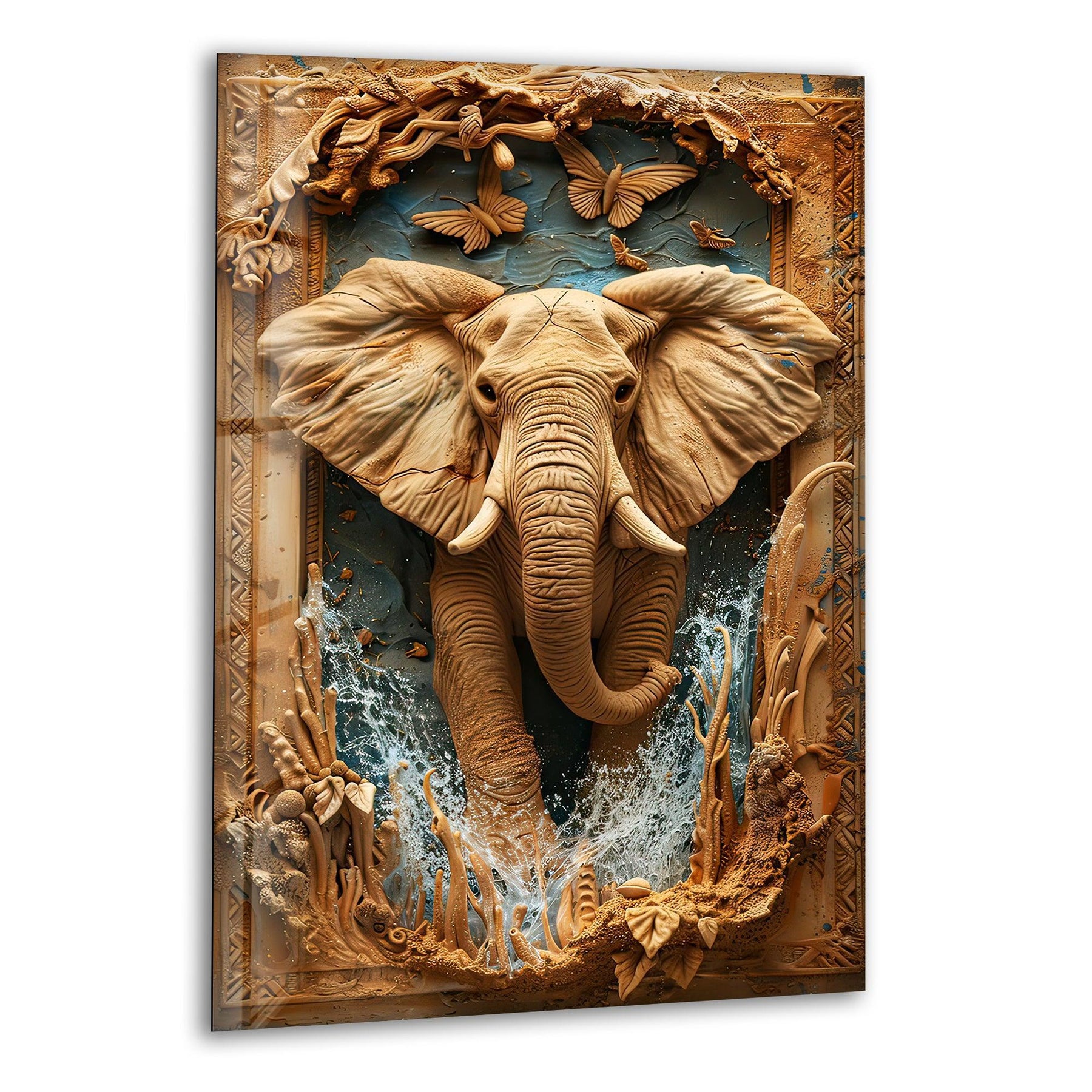 An elephant's trunk emerges through crashing waves and sculpted reeds on this glass wall artwork.