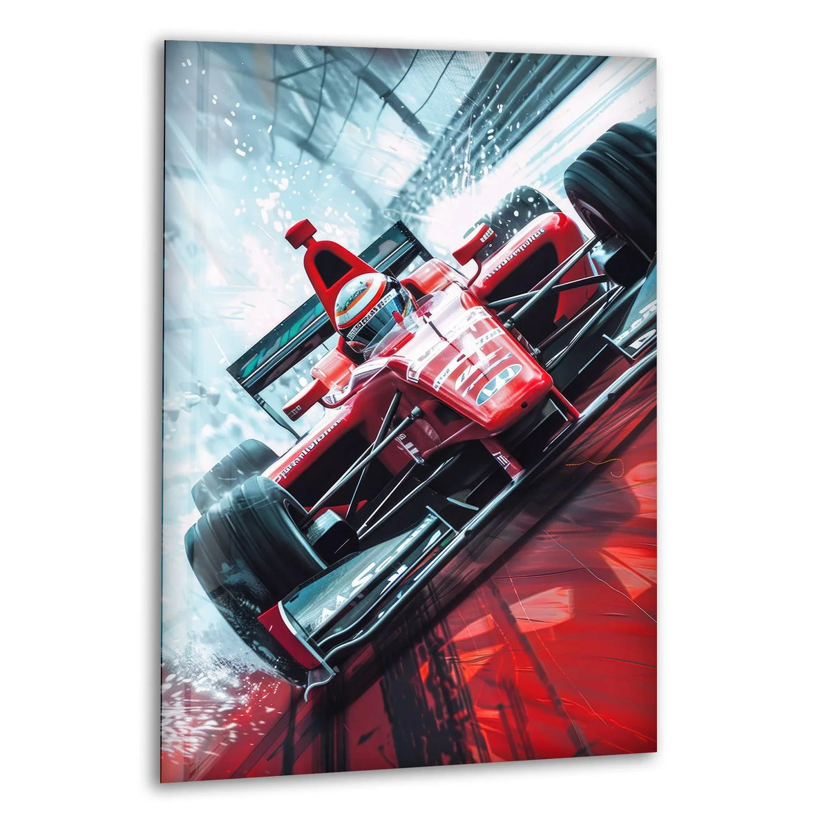 The exhilarating mood of this red formula race car glass wall art conveys dynamic speed with unique modern wall decor.