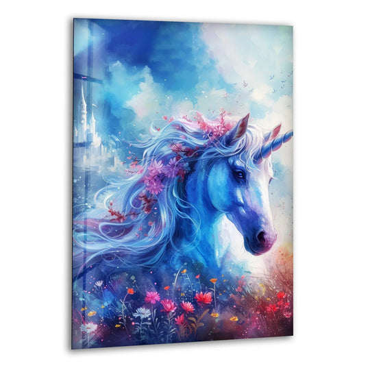 A magical unicorn with a floral mane is depicted on this exquisite glass printing, showcasing vibrant colors and a fantasy scene.