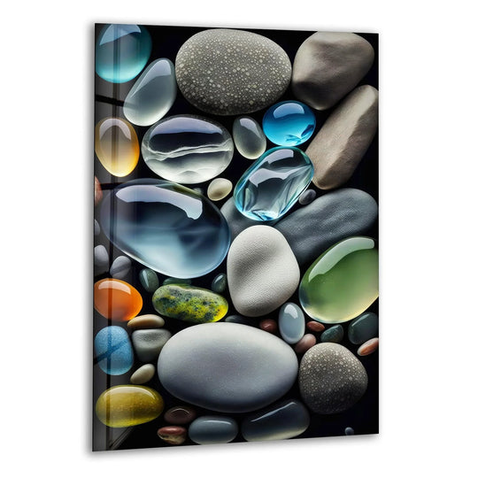 Serene cool art featuring transparent, colorful glass stones evokes a calming and tranquil mood.