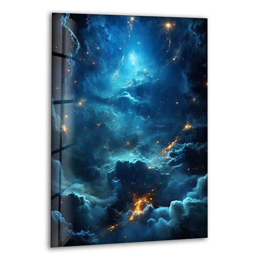 Dreamy, the celestial sky glass wall art evokes a breathtaking, peaceful mood with its vibrant blue nebulas and twinkling stars, an eye-catching hanging wall art.