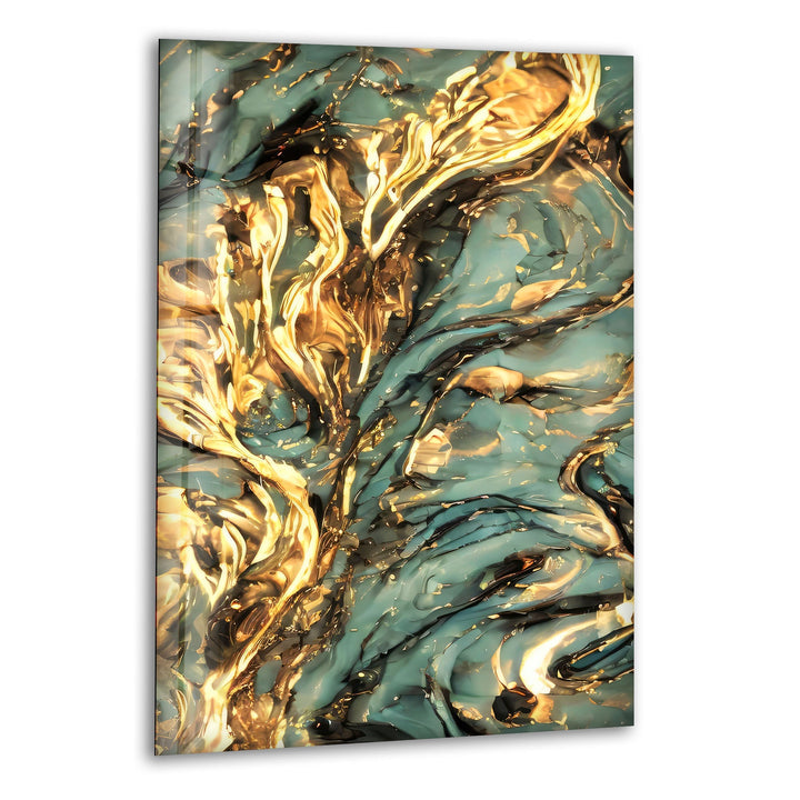 Abstrakte Glaswandkunst in Gold und Grün