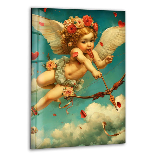 Highlighting the abstract quality of white baby Eros glass wall art, the angelic figure and hearts blend with the ethereal sky in a unique glass art interpretation.