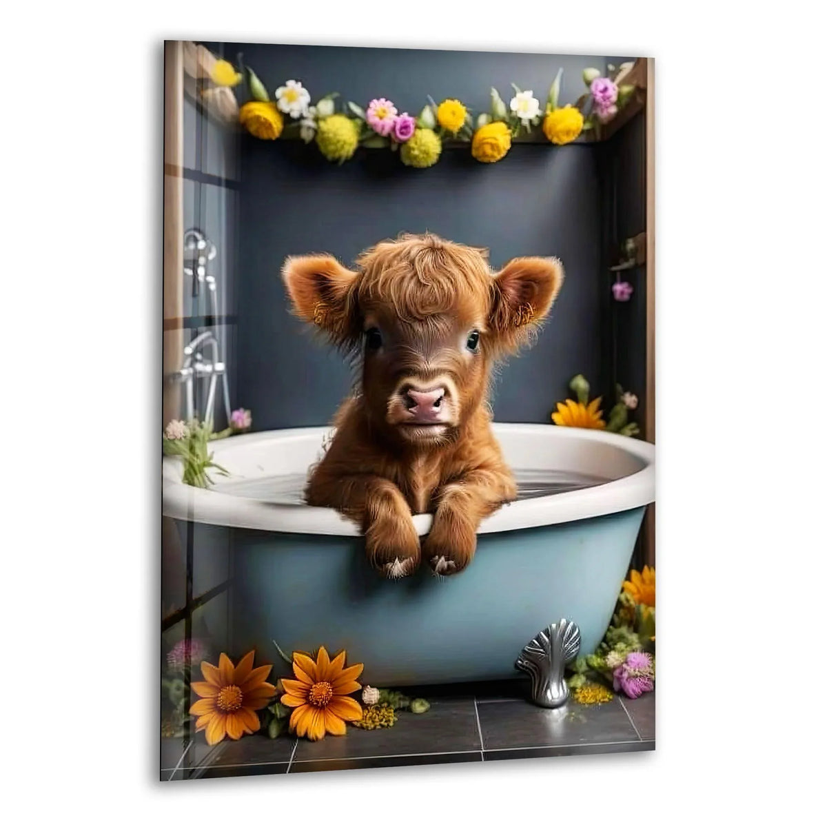 A fluffy Highland cow calf in a blue bathtub is a charming addition to your space as glass wall artwork.