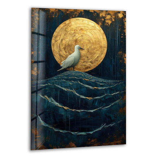 A white bird stands on an island in dark blue water under a golden sun, reflecting cool tones in this best glass art.