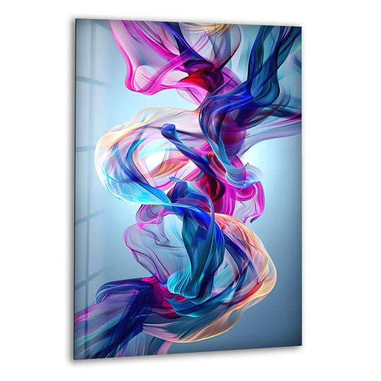 Vibrant pink and blue abstract glass art painting swirls with striking color contrast against a soft blue background.