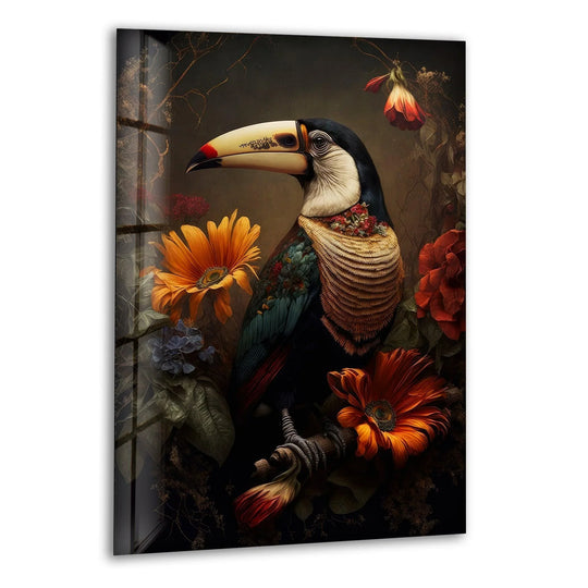 Toucan with Flowers glass wall art shows a bird and floral motif and is exotic wildlife decor and wildlife wall art perfect for bird wall art lovers